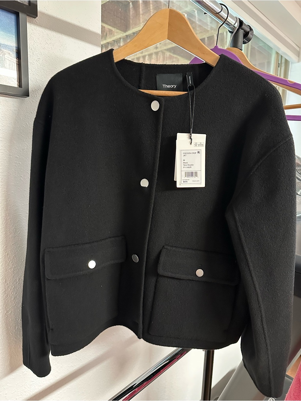 Theory Black Collarless Snap-Front Wool Blazer